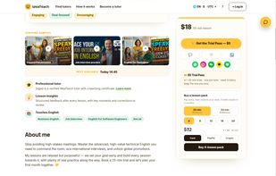Tutor profile: assessed level, price, resume and booking