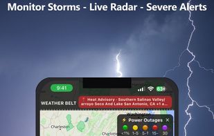 Live radar - multiple layers including power outage map.