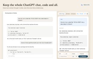 The whole ChatGPT conversation, every turn in order with code blocks intact. Convert it to PDF, Markdown or EPUB.