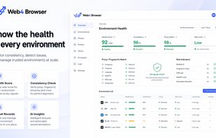 Environment health dashboard showing profile consistency, proxy matching, fingerprint status, risk indicators, and AI-powered insights for managing browser environments.