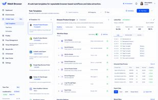 This screenshot shows AI web task templates for repeatable browser-based workflows, including task steps, execution logs, multi-account orchestration, data extraction results, and export options.