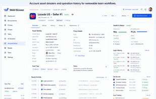 This screenshot shows an account asset dossier with account identity, proxy details, health status, login history, notes, task records, issue tracking, and reviewable operation history.