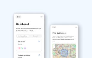 Webleadr dashboard page and find businesses page in smaller screen