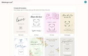 Printable QR table cards and signs from Wedding Arrivals, editable in Canva