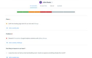 Weekly planning (Check-ins) — employees add their plans for the week to drive Team OKRs forward. They can also drag completed plans to Progress, and highlight problems they encountered.