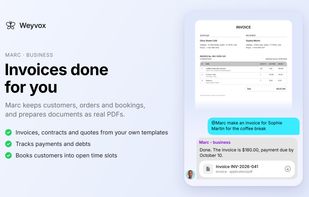 Marc prepares invoices and other documents as PDF from your own templates and tracks payments and debts.