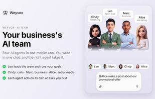 Four AI agents in one chat: Leo leads the team, Cindy handles calls, Marc the business side and Alice social media. You decide what each agent does on its own.