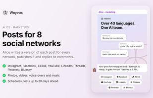 Alice writes a version of each post for eight social networks, publishes or schedules it and replies to comments.