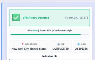 VPN detection result card showing “VPN/Proxy Detected” for IP 194.34.105.175, with low risk and high confidence, plus details like location (New York City, United States), ISP (LATITUDE-SH), ASN (AS396356), and indicators confirming the IP belongs to a known VPN provider.