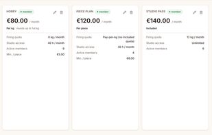 Membership plans with per-kilo rates, allowances and minimum price