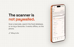 Marketing card headed "The scanner is not paywalled." Text below explains you can scan a barcode, search the food database or re-log a favourite, and that it works offline on the phone. The iPhone alongside shows the Food screen with a search bar, a macro progress bar and meals grouped into breakfast, lunch and snack.