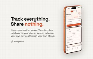 Marketing card headed "Track everything. Share nothing." Text below states there is no account and no server, and that your diary is a database on your phone synced between your own devices through your own iCloud. The iPhone shows the Today screen.