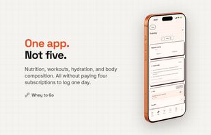 Marketing card headed "One app. Not five." Text below lists nutrition, workouts, hydration and body composition, without paying four subscriptions to log one day. The iPhone shows the Training screen with a repeating weekly plan, a coach notes card and the start of a pull session.