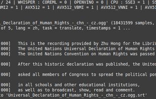 60 seconds of the Chinese and English language LibriVox Universal Declaration of Human Rights read by Zhu Hong. Language set as Chinese, translation requested. Translation requires using a non-Turbo model.