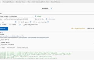 Transcribe tab: pick a file, engine, model and language, then press Transcribe.