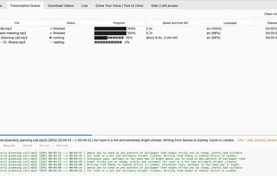 Transcription Queue: several files with speed and time left.