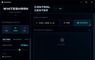 WhiteShark Control Center: A comprehensive dashboard featuring one-click performance profiles (Cinema, Eco, Comp), real-time bitrate adjustment up to 100Mbps, and advanced H.265 (HEVC) encoding. The interface allows for native 4K Ultra streaming, hybrid USB/WiFi connectivity management, and detailed system logs for a stable, professional-grade mirroring experience.
