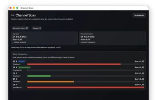 A channel congestion scan that compares nearby networks and recommends a cleaner Wi-Fi channel to reduce interference.