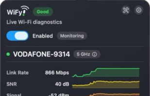 Live Wi-Fi diagnostics from the menu bar, showing signal, noise, link rate, latency, DNS lookup, and packet loss at a glance