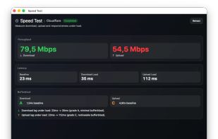 A built-in speed test showing download, upload, latency under load, and bufferbloat grades in one clear result view.