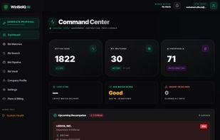 Command Center dashboard with real-time bid pipeline stats and AI-scored opportunities.