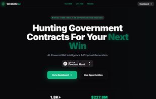 WinBidIQ landing page — AI-powered federal, state, and local government contract bid intelligence.