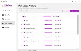 Disk Space Analysis
Interactive tree view shows folder sizes with visual bars. Drill down into any folder to understand exactly where disk space is being used. Click to open folders directly in Explorer.