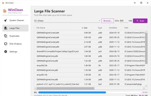 Large File Scanner
Scan any drive or folder for large files. Set custom minimum size thresholds (e.g. 500 MB). Sort results by size, type, or date. Real-time disk usage bar shows space distribution at a glance.