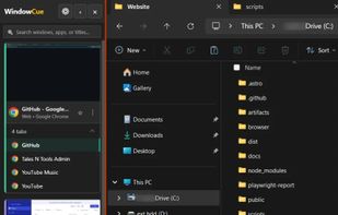 Expand browser tab lists and view window previews alongside File Explorer.