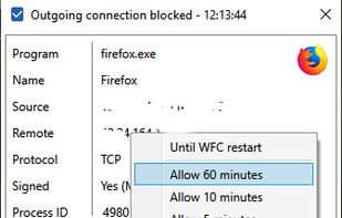 Notification dialog box for a blocked outgoing connection