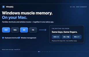 Windows muscle memory on Mac: familiar keyboard shortcuts and window management together in Windsify. Official illustrated product introduction.