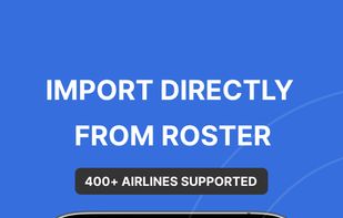 Roster import screen showing Etihad selected with date range picker and fetch flights button. 400+ airlines supported. Airline logos from IndiGo, Cathay Pacific, Air India, Virgin Atlantic, and more