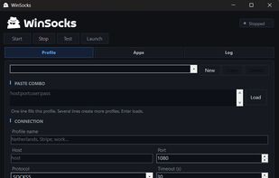 WinSocks main window: paste a SOCKS5 or HTTP CONNECT combo, start the local relay, and launch Chrome or Firefox.