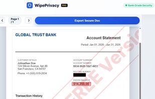 Secure Redaction Tool: Easily draw blackout boxes over sensitive details like bank account numbers or addresses. The interface works smoothly on both desktop and mobile devices.