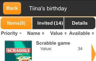 WishSimply mobile app. Wishes (/Items) screen.