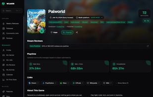 Web — Game detail with Meta score, Steam reviews, and community playtime (Main Story / Main + Extra / Completionist).