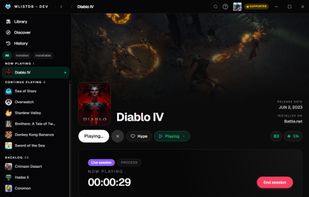 Desktop — live session — Windows app: track a game while you play with status, live session timer, and quick actions.