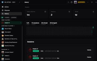 Desktop — sessions history — Windows app: browse play sessions with daily activity charts and per-game timestamps.