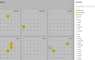 main calendar light mode country list