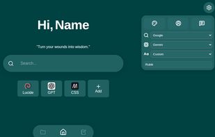 The homepage with the settings menu open, shortcuts, search bar and randomised quote.