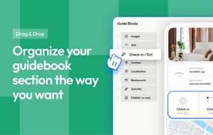 Guidebook editor: drag and drop sections (check-in, Wi-Fi, house rules, restaurants, activities) to organize each property's guidebook.