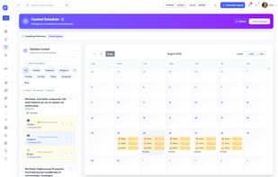 The Content Scheduler offers complete pipeline control via interactive calendar views (Month/Week/Day) and queue management.

Drag-and-Drop, platform & status filtering, upcoming queue list etc