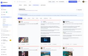 The Analytics & Engagement dashboard unifies post performance and community management in one place across major networks (FB, IG, LinkedIn, YouTube, TikTok, Threads, Google Business).