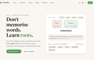 Wordiyo homepage showing root-based vocabulary learning and a word breakdown.