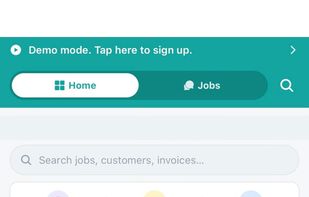 Home dashboard showing monthly money in vs money out, active jobs count, open leads, customers, outstanding invoices, and preview of active jobs.