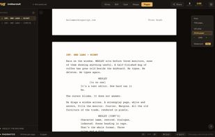 Pages shows the script as it will print - real pagination at 54 lines to the page, the running header, and the break falling exactly where the paper puts it.