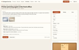 A ticket: the conversation with the requester, internal notes, attachments, and the fields that shape the note on the wall.