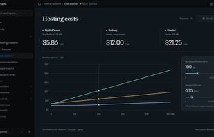 Agent-built hosting cost explorer with research documents, provider records and saved scenarios.