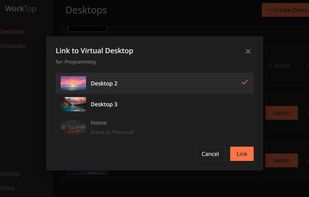 Modal for linking worktop to virtual desktops.