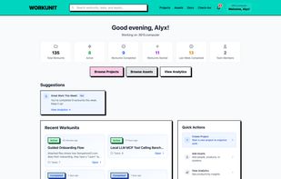Your workspace at a glance: active workunits, progress stats, recent activity, and quick actions.